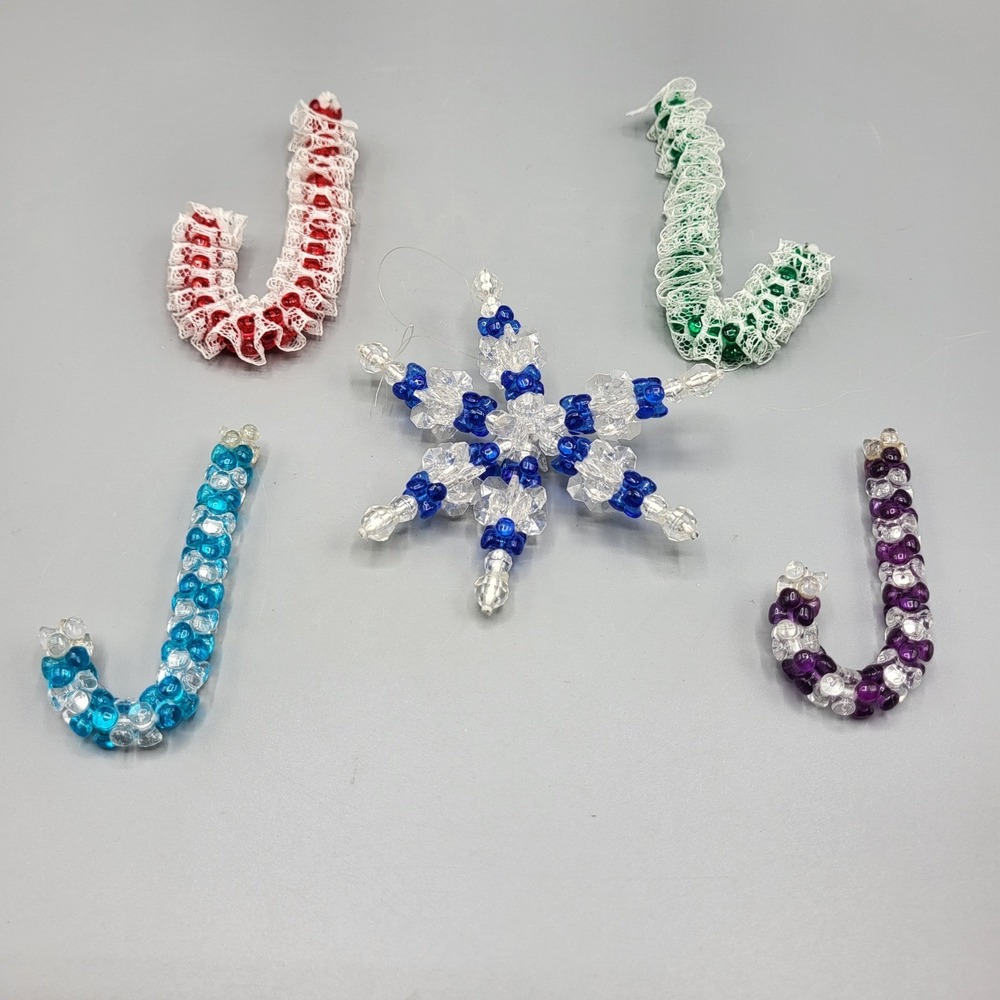 Vintage Beaded Christmas Ornaments Lot of 5 Candy Cane Snowflake Holiday Decor